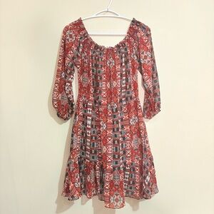 BB Dakota Red and Black Tribal Print Ruffled Trim Sundress w Smock Elastic Waist